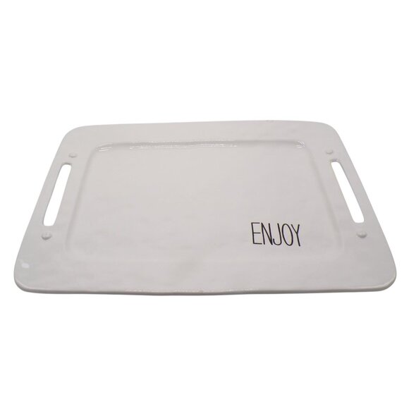Pier 1Imports White Dolomite Serving Tray w/ Handle Cutouts & ENJOY Text 20" HTF - Picture 1 of 10